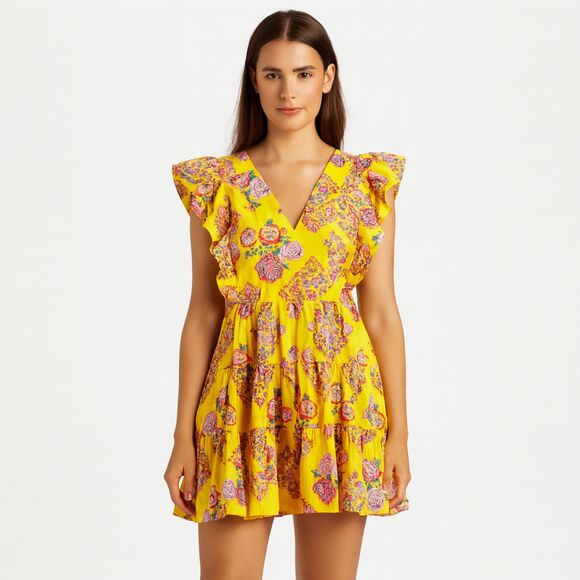 LA DOUBLEJ Honeybun Tiered Flutter Mini Dress Yellow Medium - Picture 1 of 6